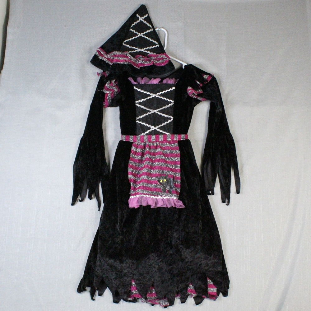 Witch Halloween Costume Kids Large Black Pink Silver Goth Spooky